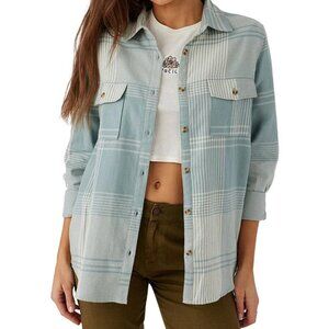 Women O'Neill Brooks Flannel Long Sleeve Oversized Shirt in Light Blue Sz Small